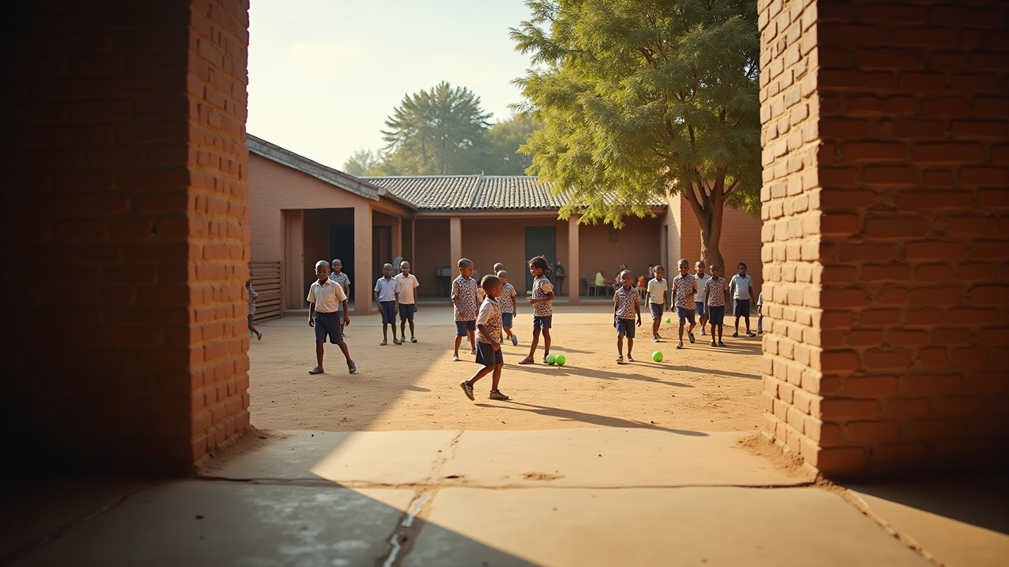 Kinder spielen Fussball in einem sonnendurchfluteten Innenhof in Kenia